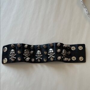 9” Black Leather Punk Bracelet | Silver Spikes & Skull Studs | Gothic Rock Style